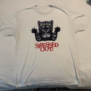 Stressed Out Cat White Tee Shirt Size XL